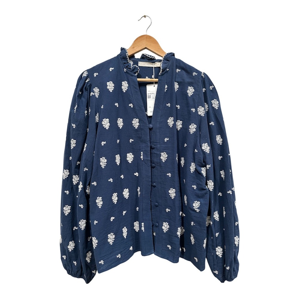 So Sweet Womens Blue Floral Embroidered Cotton Blouse Ruffle Neck L CH513/095